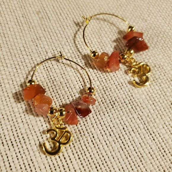 Gemstone Yoga Om Mantra Hoop Earrings 14K Gold Plated Red Agate - Picture 1 of 6